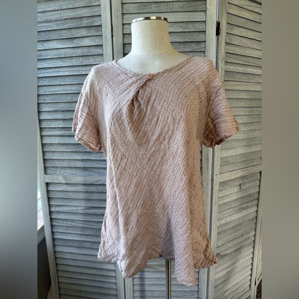 Flax Textured Linen Women's Top, Pink & Natural White, A-line style,  Size Med